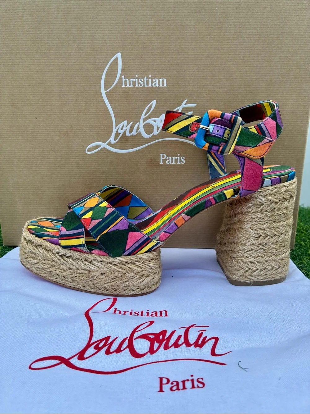 CHRISTIAN LOUBOUTIN CALAKALA 85 ESPADRILLE BLOCK HEEL MULTICOLOR SANDALS SZ 40